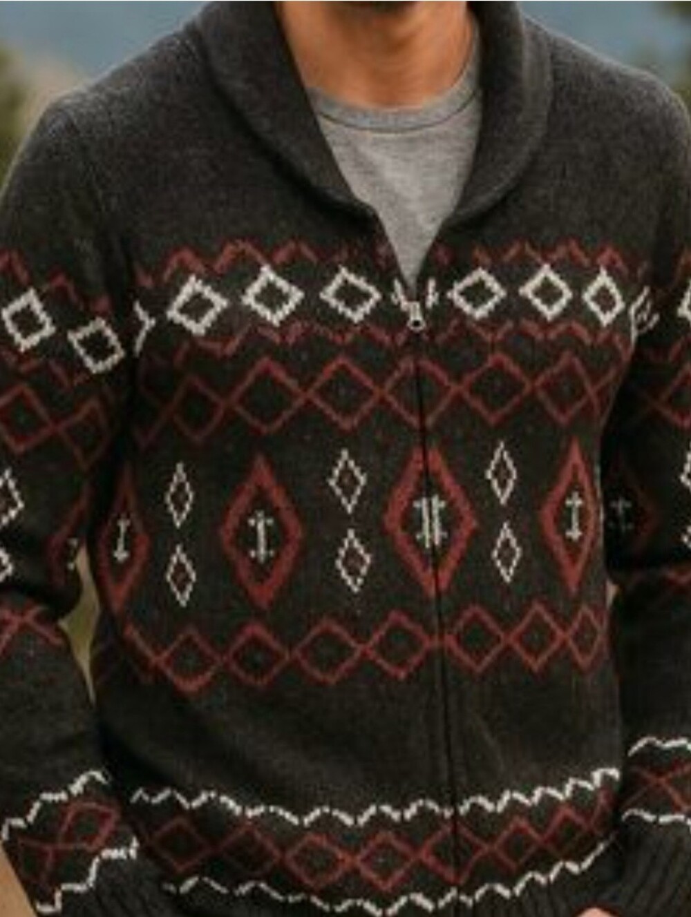 Mountain Ridge Grey/Red/White Fair Isle Nordic Full Zip Knit Cardigan Size Med
